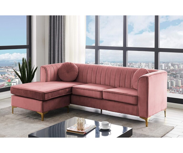 Decor Desk Casey Velvet Fabric L Shape LHS 5 Seater Sofa in Pink Colour