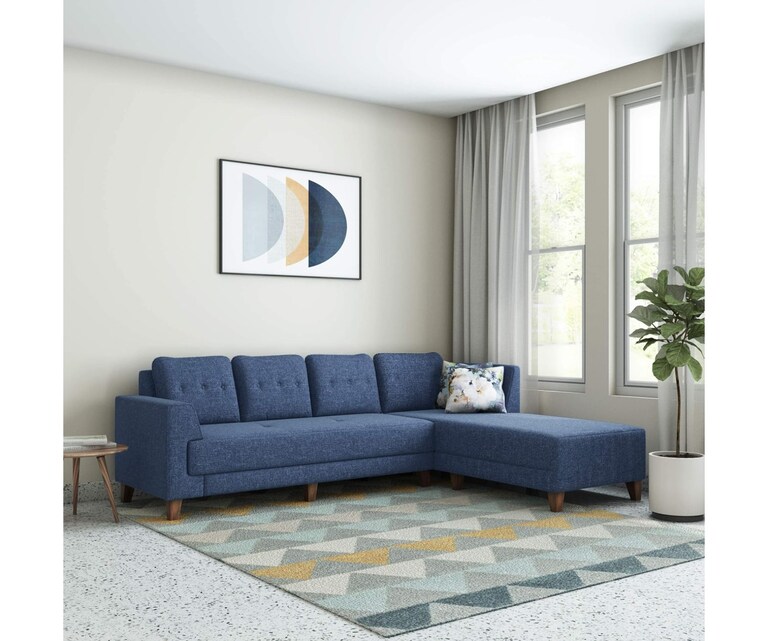 Decor Desk Hairo Velvet Fabric L Shape RHS 5 Seater Sofa in Blue Colour