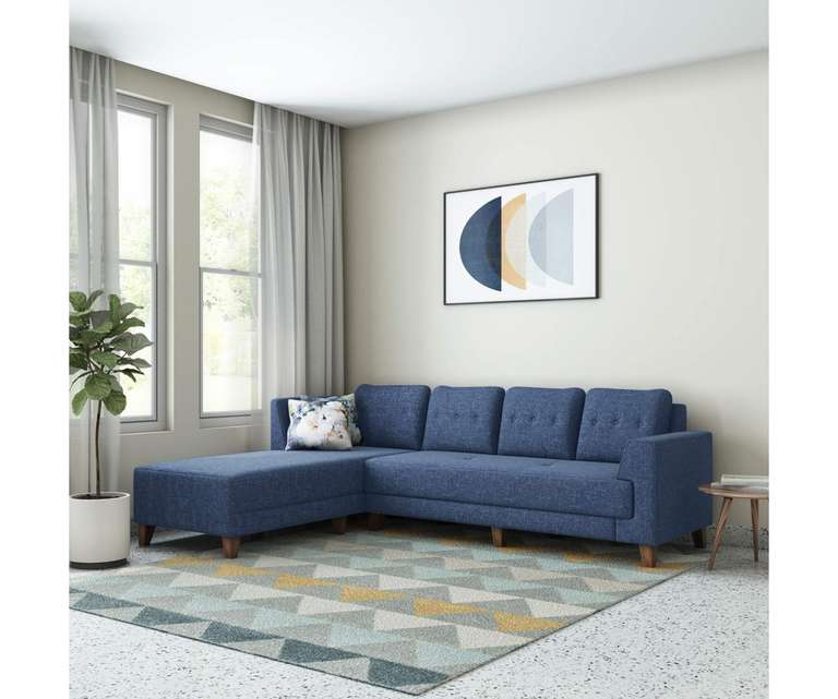 Decor Desk Hairo Velvet Fabric L Shape LHS 5 Seater Sofa in Blue Colour