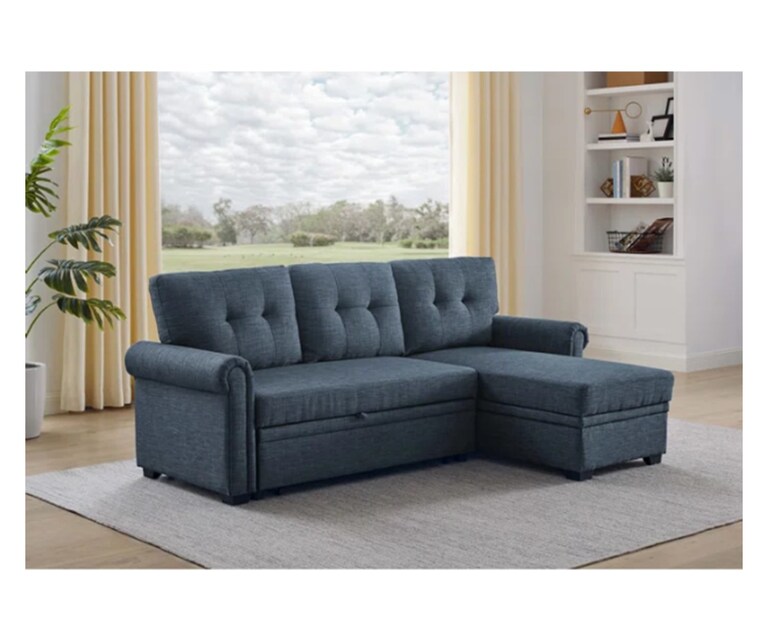 LeatherOn Bristo Velvet Fabric RHS Pull-Out L Shape Sofa Cum Bed in Grey Colour