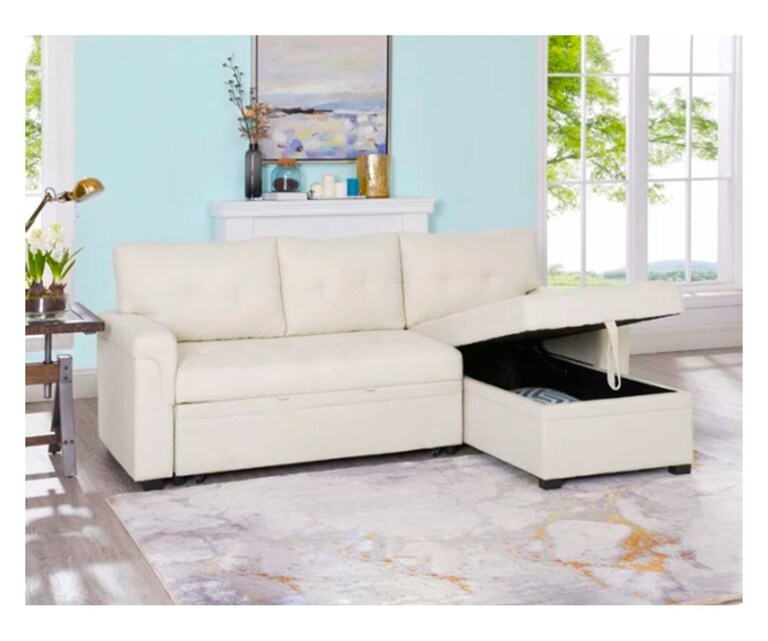 LeatherOn Andress Velvet Fabric RHS Pull-Out L Shape Sofa Cum Bed in Beige Colour