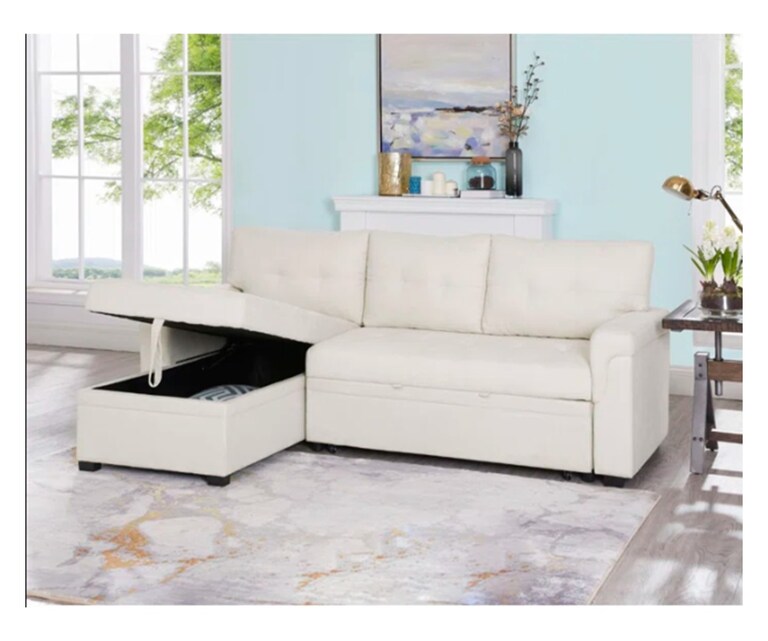 LeatherOn Andress Velvet Fabric LHS Pull-Out L Shape Sofa Cum Bed in Beige Colour