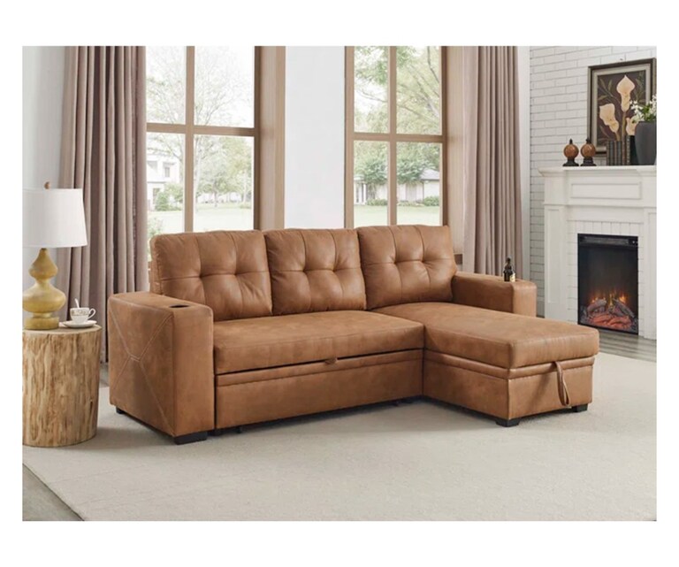 LeatherOn Miranda Leatherette RHS Pull-Out L Shape Sofa Cum Bed in Tan Colour