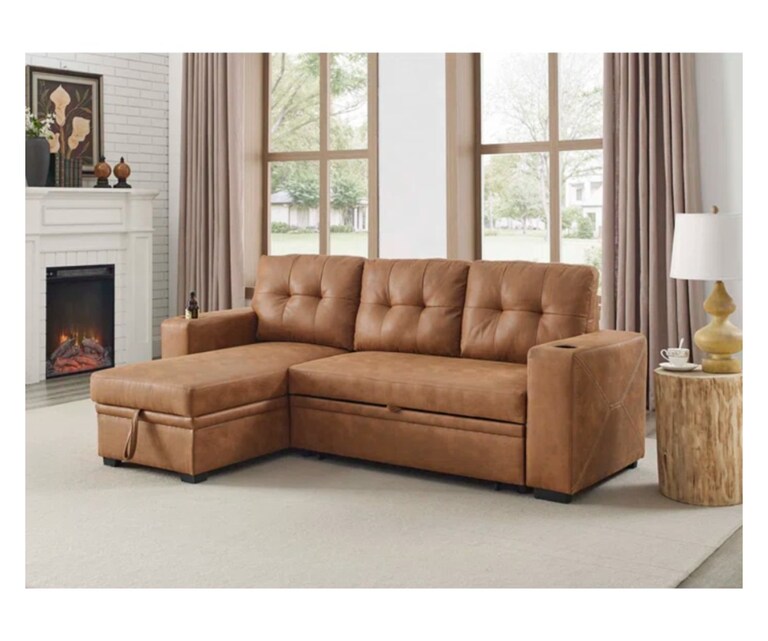 LeatherOn Miranda Leatherette LHS Pull-Out L Shape Sofa Cum Bed in Tan Colour