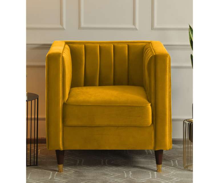 Decor Desk Tuxedo Velvet Fabric 1 Seater Sofa in mustard Colour