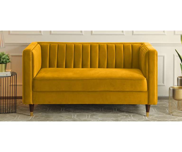 Decor Desk Tuxedo Velvet Fabric 2 Seater Sofa in mustard Colour