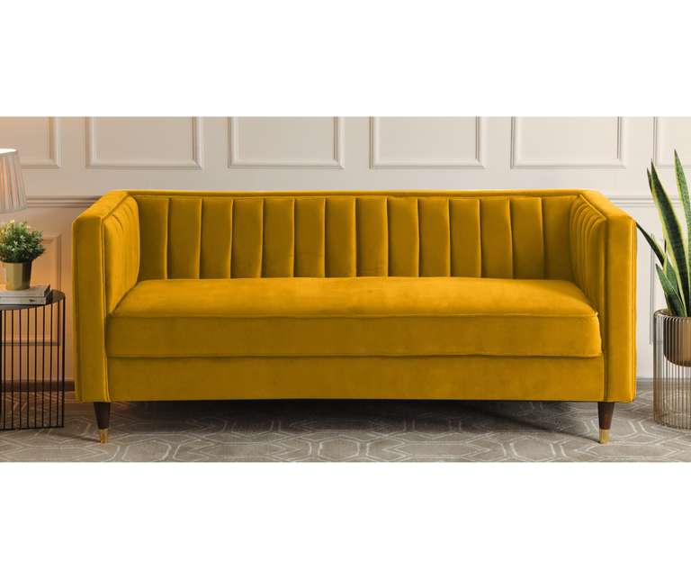 Decor Desk Tuxedo Velvet Fabric 3 Seater Sofa in mustard Colour