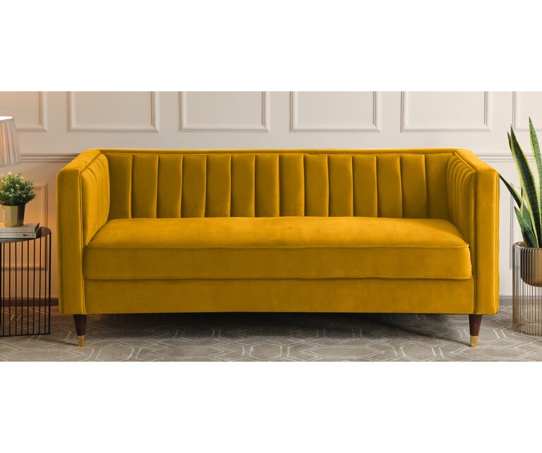 Decor Desk Tuxedo Velvet Fabric 3 Seater Sofa in mustard Colour