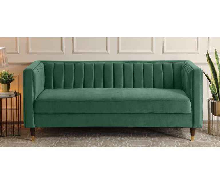 Decor Desk Tuxedo Velvet Fabric 3 Seater Sofa in Green Colour