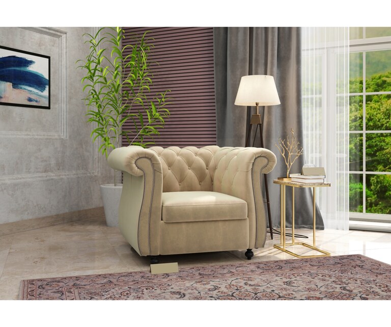 Decor Desk Cherish Velvet Fabric 1 Seater Chesterfield Sofa in Beige Colour