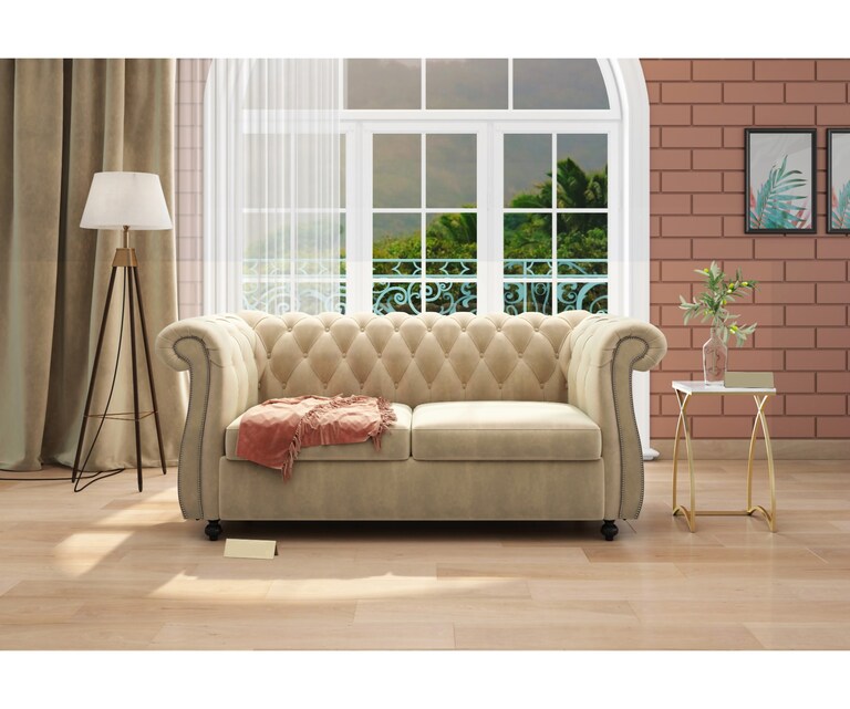 Decor Desk Cherish Velvet Fabric 2 Seater Chesterfield Sofa in Beige Colour