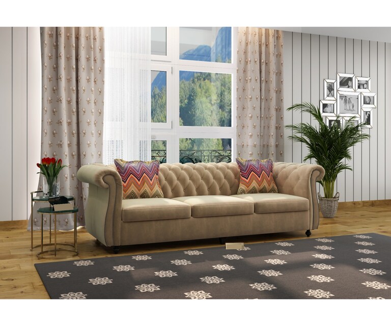 Decor Desk Cherish Velvet Fabric 3 Seater Chesterfield Sofa in Beige Colour