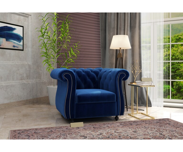 Decor Desk Cherish Velvet Fabric 1 Seater Chesterfield Sofa in Blue Colour