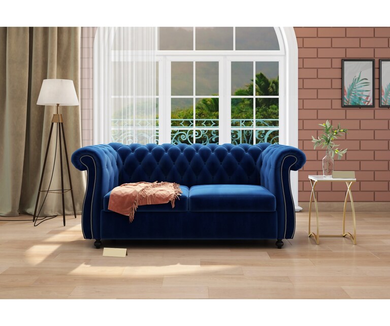 Decor Desk Cherish Velvet Fabric 2 Seater Chesterfield Sofa in Blue Colour