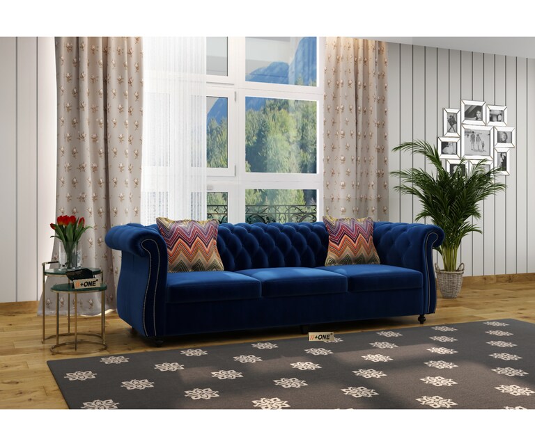 Decor Desk Cherish Velvet Fabric 3 Seater Chesterfield Sofa in Blue Colour