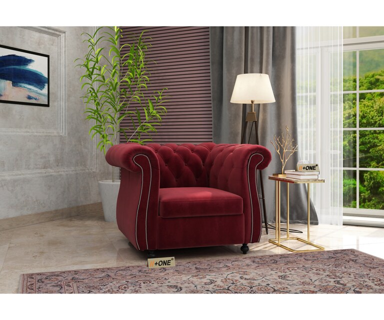 Decor Desk Cherish Velvet Fabric 1 Seater Chesterfield Sofa in Maroon Colour