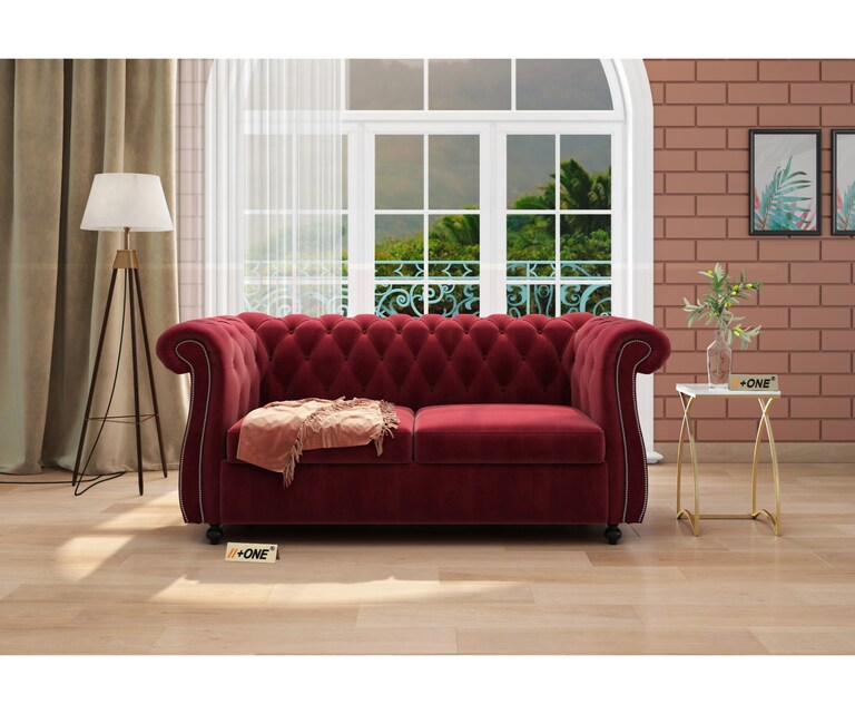 Decor Desk Cherish Velvet Fabric 2 Seater Chesterfield Sofa in Maroon Colour
