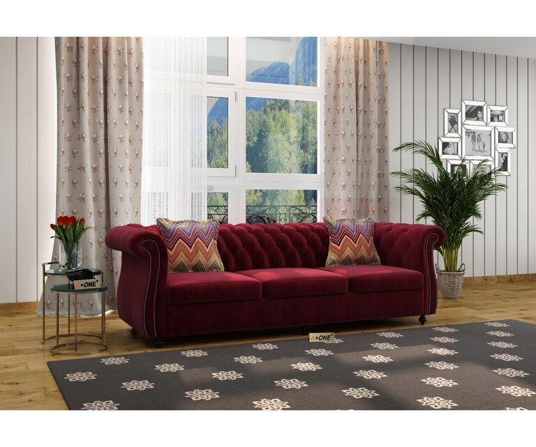 Decor Desk Cherish Velvet Fabric 3 Seater Chesterfield Sofa in Maroon Colour