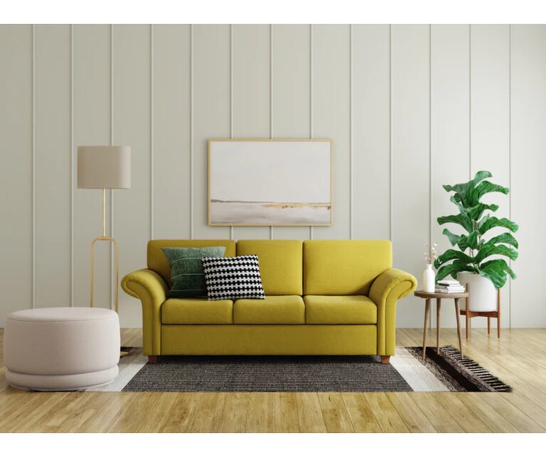 Decor Desk Geo Velvet Fabric 3 Seater Sofa in Mustard Colour