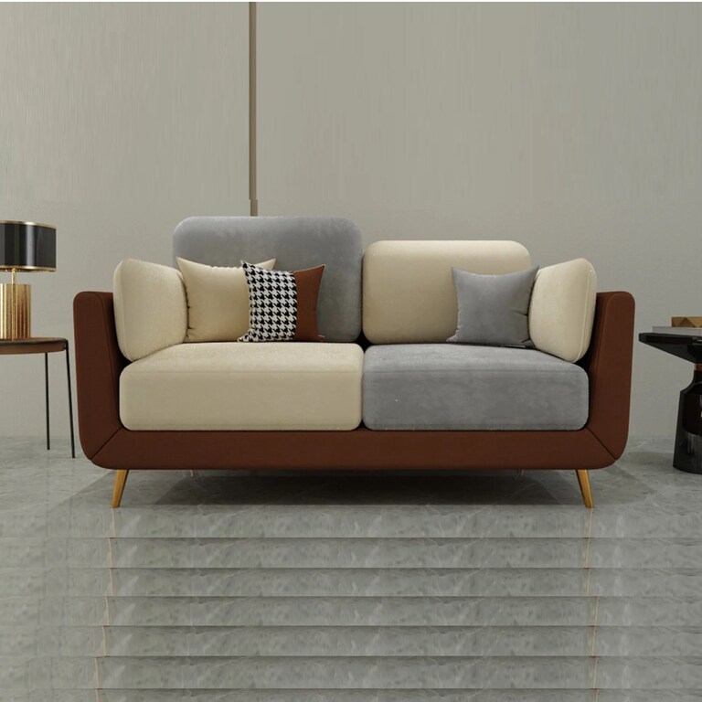 Decor Desk Mavrick Velvet Fabric 2 Seater Sofa in Brown Beige and Grey Colour