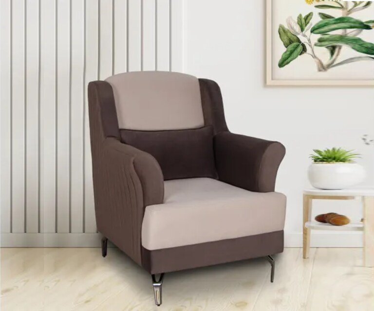 Decor Desk Finley Velvet Fabric 1 Seater High Back Sofa in Brown and Beige Colour