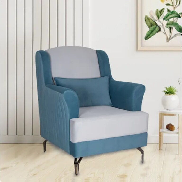 Decor Desk Finley Velvet Fabric 1 Seater Heigh Back Sofa in Teal Blue and Light Grey Colour