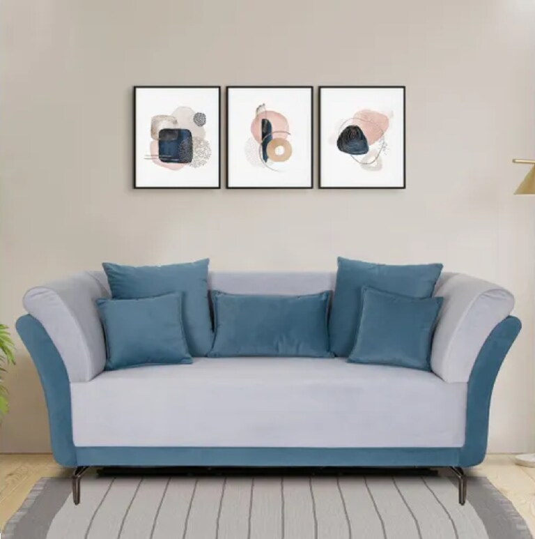 Decor Desk Finley Velvet Fabric 2 Seater Sofa in Teal Blue and Light Grey Colour