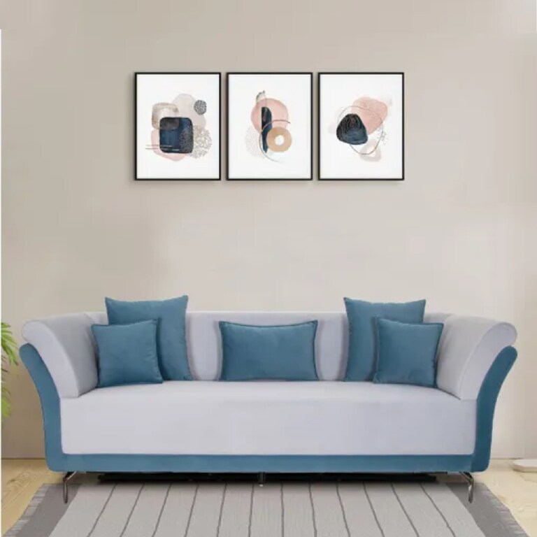 Decor Desk Finley Velvet Fabric 3 Seater Sofa in Teal Blue and Light Grey Colour