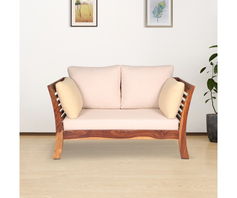 Decor Desk Lathen Sheesham Wood 2 Seater Sofa in Beige Colour