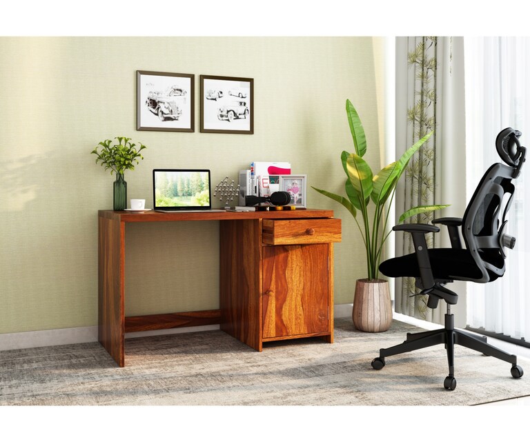 PlusOne Comfort Sheesham Wood Study Table in Teak Finish