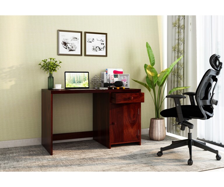 PlusOne Comfort Sheesham Wood Study Table in Walnut Finish