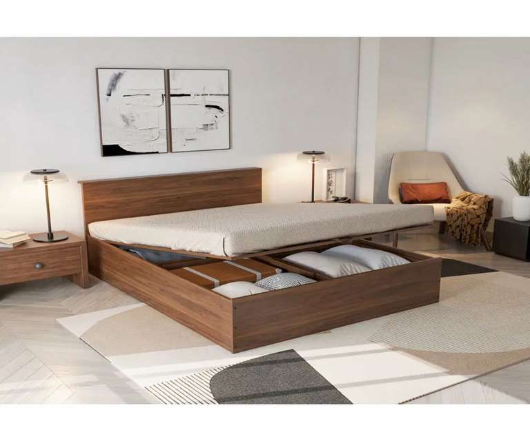 Wakefit Taurus Engineered Wood Queen Size Bed with Hydraulic Storage in Columbian Walnut Colour