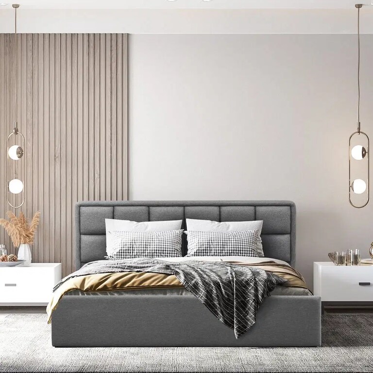 Wakefit Surma Solid Sheesham Wood Upholstered Queen Size Bed with Storage in Omega Grey Colour