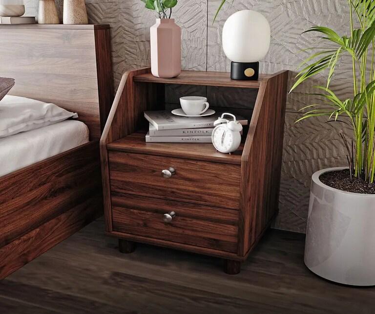 Wakefit Orion Engineered Wood Bedside Table in Columbian Walnut Finish with Double Drawer