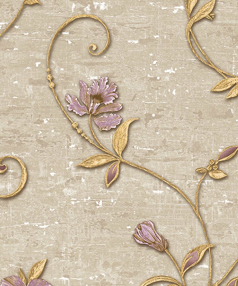 Excel 82042-5 Vinyl with Paper Back Beige & Purple Floral Wallpaper for Bedroom & Living room