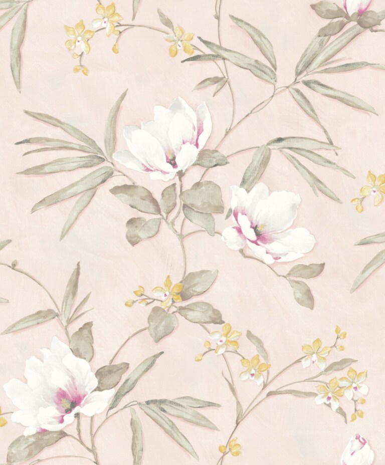 Marshalls INS 217 Non Woven White, Beige & Pink Floral Wallpaper for Bedroom & Living Room