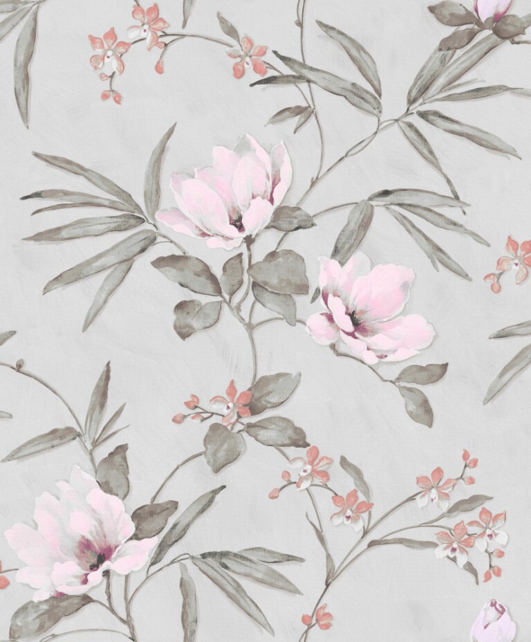 Marshalls INS 219 Non Woven Grey & Pink Floral Wallpaper for Bedroom & Living Room