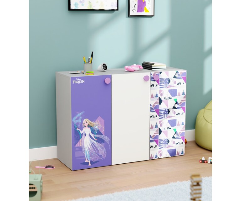 Boingg Frozen Engineered Wood Kids Storage Cabinet with Triple Door in Grey & Print Colour